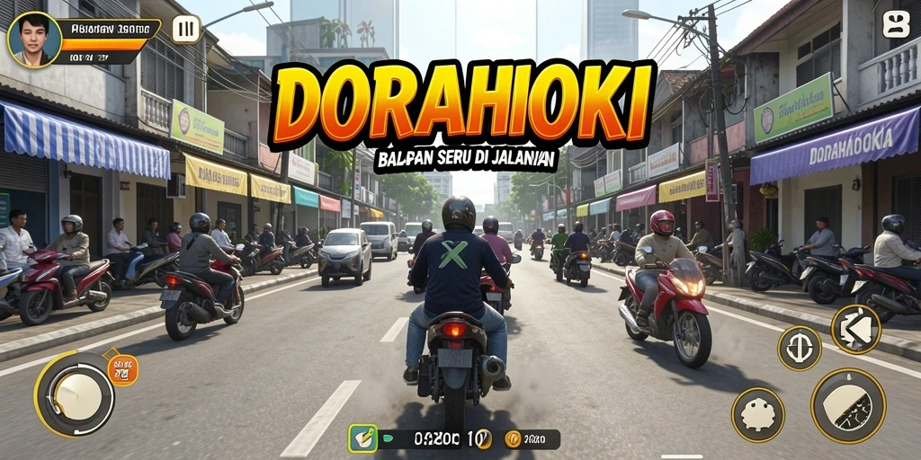 Tampilan balapan seru dalam DORAHOKI dengan kendaraan yang keren.