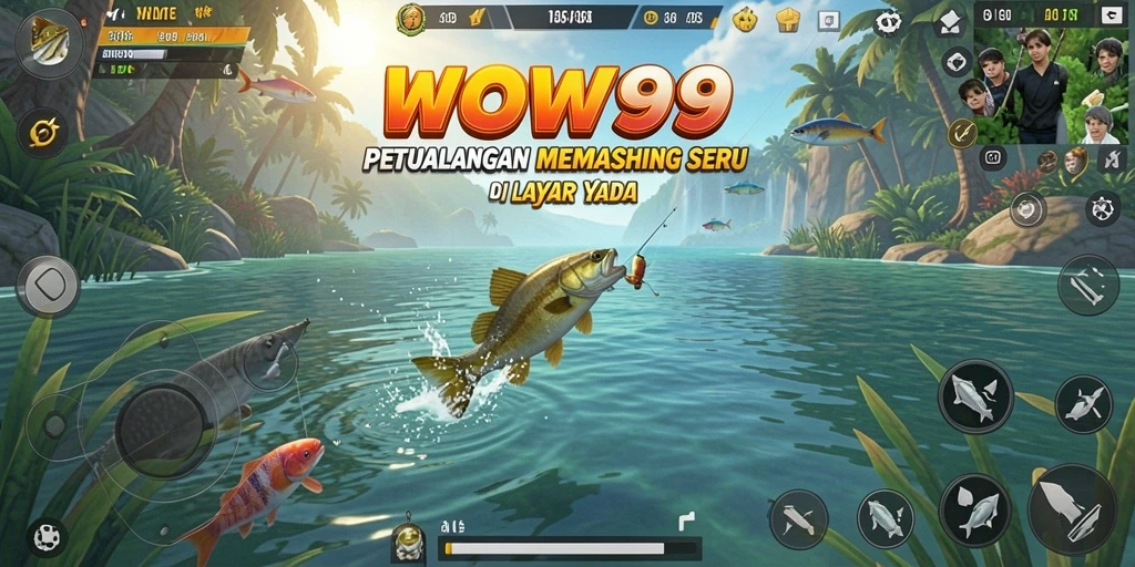 Screenshot gameplay WOW99 menunjukkan keseruan memancing di laut yang indah.